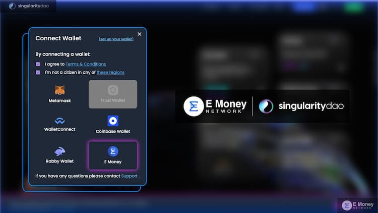 E Money Network and Singularity DAO partner to integrate the E Money Wallet, allowing users to manage fiat, crypto, and other digital assets in one wallet.